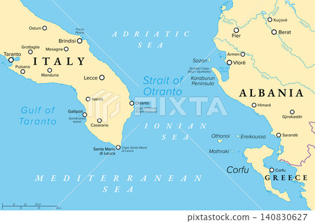 Strait of Otranto, political map. Waterway connecting Adriatic Sea with Ionian Sea, separating Italy from Albania, with a width of 72 km (45 mi) from the City Otranto to Karaburun Peninsula. Vector Strait of Otranto, political map. Waterway connecting Adriatic Sea with Ionian Sea, separating Italy from Albania, with a width of 72 km (45 mi) from the City Otranto to Karaburun Peninsula. Vector 140830627