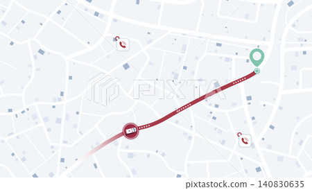 Emergency Response Vehicle Moving Between Call Locations on Light Blue City Map with Red Route Trail Emergency Response Vehicle Moving Between Call Locations on Light Blue City Map with Red Route Trail 140830635