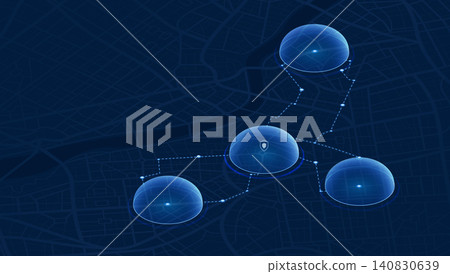 Dome Shields Representing Protected Security Zones and Coverage Areas Connected by Network Dome Shields Representing Protected Security Zones and Coverage Areas Connected by Network 140830639