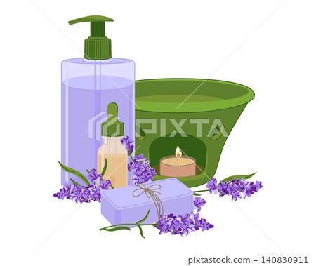 Vector spa accessories. Lavender soap, bottle of essential oil and green aroma lamp. Fresh lavender sprigs for calming atmosphere. Perfect for promoting health, aromatherapy, and beauty products. Vector spa accessories. Lavender soap, bottle of essential oil and green aroma lamp. Fresh lavender sprigs for calming atmosphere. Perfect for promoting health, aromatherapy, and beauty products. 140830911