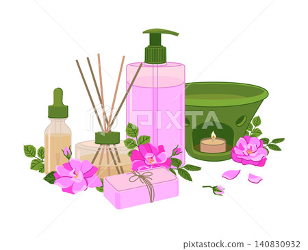 Vector aromatherapy products. Damask Pink rose flowers, reed diffuser, dropper bottle, essential oils, liquid soap dispenser, and aroma lamp. Ideal for spas, wellness and beauty treatments. Flat style Vector aromatherapy products. Damask Pink rose flowers, reed diffuser, dropper bottle, essential oils, liquid soap dispenser, and aroma lamp. Ideal for spas, wellness and beauty treatments. Flat style 140830932