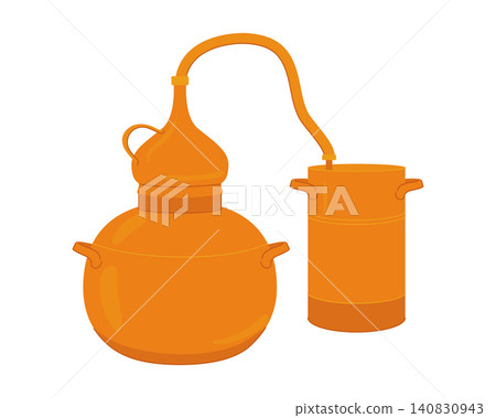 Vector illustration of a Alembic . An old copper distillation apparatus for producing essential oils and floral distillates. A pot still for home production of whiskey, rum, and gin. Vector illustration of a Alembic . An old copper distillation apparatus for producing essential oils and floral distillates. A pot still for home production of whiskey, rum, and gin. 140830943