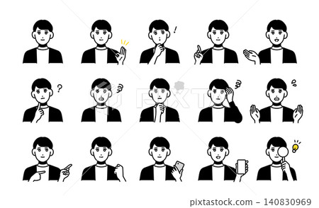 一組展現年輕男子各種臉部表情的頭像。 140830969