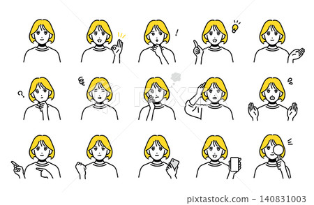 一組展現年輕女性各種臉部表情的頭像。 140831003