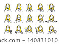 A set of avatars featuring various facial expressions of young women. 140831010