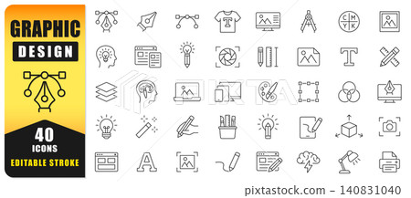 Graphic Design Line Icon Set Featuring Creative Tools, Typography, Vector Editing, UI Design, Illustration, Branding, Layout, Color, And Digital Design Symbols With Editable Stroke Style. Graphic Design Line Icon Set Featuring Creative Tools, Typography, Vector Editing, UI Design, Illustration, Branding, Layout, Color, And Digital Design Symbols With Editable Stroke Style. 140831040