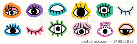 Colorful vector hand drawn doodle eye set, Groovy psychedelic eyes with eyelashes, winking, open and closed, Cute fun stickers 140831056