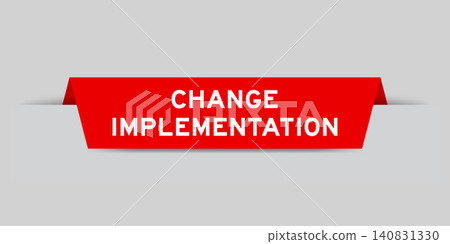 Red color inserted label with word change implementation on gray background Red color inserted label with word change implementation on gray background 140831330