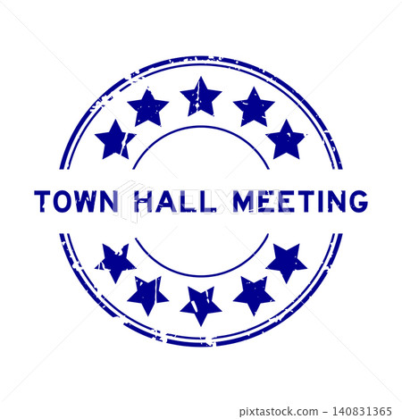 Grunge blue town hall meeting word with star icon round rubber seal stamp on white background 140831365