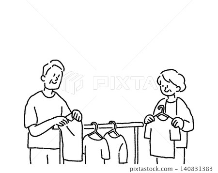 An illustration (line drawing) of an elderly couple hanging laundry together. An illustration (line drawing) of an elderly couple hanging laundry together. 140831383