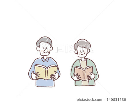 An elderly couple reading a book; a senior man; a senior woman. An elderly couple reading a book; a senior man; a senior woman. 140831386