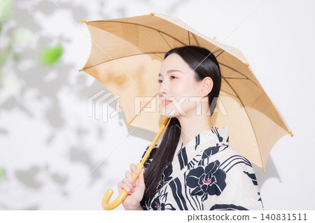 身穿浴衣、手持陽傘的年輕女子。 身穿浴衣、手持陽傘的年輕女子。 140831511