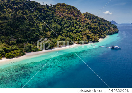 Aerial drone view of tropical landscape over Madam Beach of Nyaung Oo Phee Island in Myanmar. Aerial drone view of tropical landscape over Madam Beach of Nyaung Oo Phee Island in Myanmar. 140832008