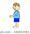A young boy in elementary school stretching during radio calisthenics, viewed from the side. 140832083