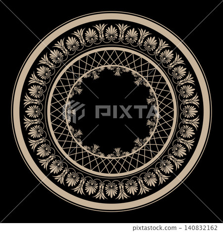Lace round frame with gold floral ornament. Vintage ethnic frame with greek pattern. Round lace frame. Template for laser cutting. For textile, embroidery, plate, porcelain, laser cutting, engraving Lace round frame with gold floral ornament. Vintage ethnic frame with greek pattern. Round lace frame. Template for laser cutting. For textile, embroidery, plate, porcelain, laser cutting, engraving 140832162