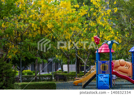 城市公園中兒童遊樂場彩色設施,周圍紅色鳳凰花金黃阿勃勒同時盛開 城市公園中兒童遊樂場彩色設施,周圍紅色鳳凰花金黃阿勃勒同時盛開 140832334