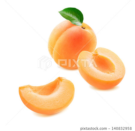 Whole apricot and pieces isolated on white background. Real photography Whole apricot and pieces isolated on white background. Real photography 140832958