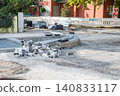Pavement tiles for road sidewalk repair near houses. Construction process and urban infrastructure in big city. 140833117