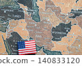 National flag of USA near Israel, Iran, Syria image on the world map background. Iran, Israel and USA conflict. Crisis and terrorism. 140833120