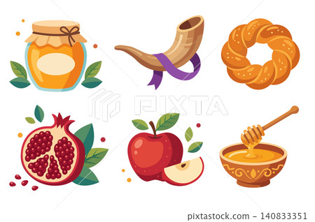 Rosh Hashanah Symbols Collection Flat Vector Illustration Set Rosh Hashanah Symbols Collection Flat Vector Illustration Set 140833351