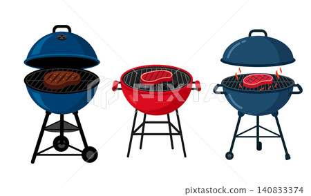 Charcoal BBQ Grill Collection Flat Vector Illustration Set Charcoal BBQ Grill Collection Flat Vector Illustration Set 140833374