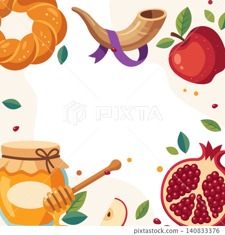 Rosh Hashanah Greeting Border with Apple Honey Pomegranate and Shofar Rosh Hashanah Greeting Border with Apple Honey Pomegranate and Shofar 140833376