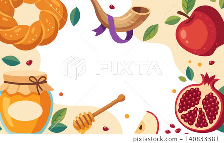 Rosh Hashanah Greeting Card Border with Traditional Symbols Rosh Hashanah Greeting Card Border with Traditional Symbols 140833381