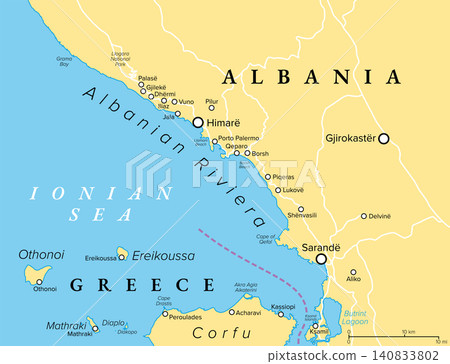 Albanian Riviera, known as Bregu, political map. Coastline along north-eastern Ionian Sea, and a section of the Albanian Ionian Sea Coast, dotted with villages, town Himare, and city Sarande. Vector Albanian Riviera, known as Bregu, political map. Coastline along north-eastern Ionian Sea, and a section of the Albanian Ionian Sea Coast, dotted with villages, town Himare, and city Sarande. Vector 140833802