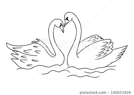 Two swans forming a heart shape with their necks while floating on water, outlined in a minimalist style, suitable for romantic or wedding-themed designs Two swans forming a heart shape with their necks while floating on water, outlined in a minimalist style, suitable for romantic or wedding-themed designs 140833926