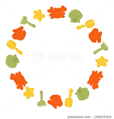 Circular layout of vibrant beach toys featuring buckets, shovels, and sea creatures on a clean white background, ideal for summer-themed graphics Circular layout of vibrant beach toys featuring buckets, shovels, and sea creatures on a clean white background, ideal for summer-themed graphics 140833928