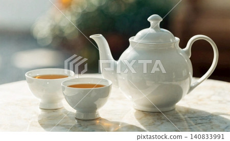 A realistic simply a white teapot and spotless white tea glasses. 140833991