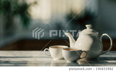 A realistic simply a white teapot and spotless white tea glasses. 140833992