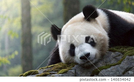 Realistic Adorable giant panda bear sleeping on rock Realistic Adorable giant panda bear sleeping on rock 140834042