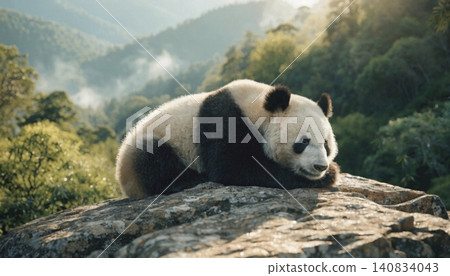 Realistic Adorable giant panda bear sleeping on rock Realistic Adorable giant panda bear sleeping on rock 140834043