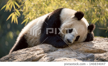 Realistic Adorable giant panda bear sleeping on rock 140834047