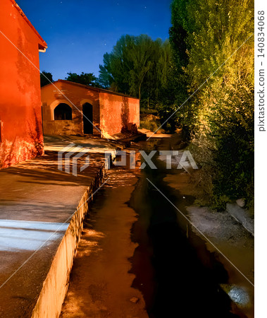 Old wash house and stream at night in Barcones village, Soria, Spain 140834068