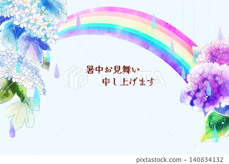 夏季賀卡:繡球花、雨、彩虹、橫向、明信片大小、文字。 夏季賀卡:繡球花、雨、彩虹、橫向、明信片大小、文字。 140834132