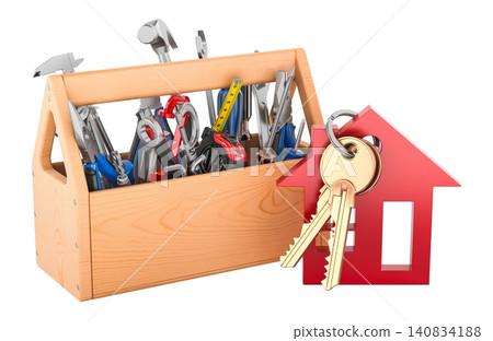 Home repair toolbox with house keys, property maintenance concept. 3D rendering Home repair toolbox with house keys, property maintenance concept. 3D rendering 140834188