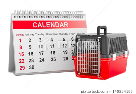 Pet carrier with calendar, veterinary appointment and pet travel planning concept. 3D rendering 140834195