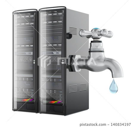 Server racks with water tap, data center cooling and water usage concept. 3D rendering Server racks with water tap, data center cooling and water usage concept. 3D rendering 140834197