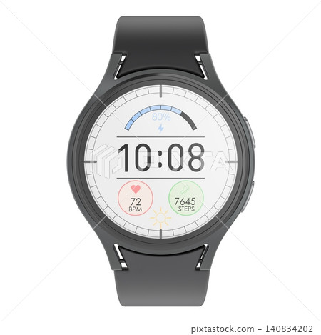 Black smartwatch showing time, battery level, heart rate and step count, fitness tracking, 3d rendering Black smartwatch showing time, battery level, heart rate and step count, fitness tracking, 3d rendering 140834202