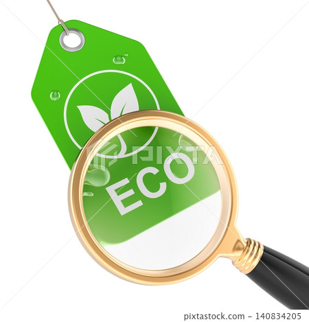 Eco label under magnifying glass, representing sustainability verification, 3d rendering 140834205