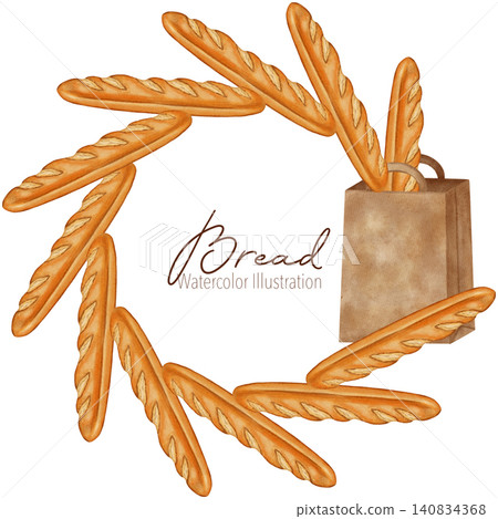 Watercolor illustration circular frame of various loaves of dark and white bread. Perfect for bakery branding, menu, food packaging, cookbooks, recipes, food markets, and cooking schools. Watercolor illustration circular frame of various loaves of dark and white bread. Perfect for bakery branding, menu, food packaging, cookbooks, recipes, food markets, and cooking schools. 140834368