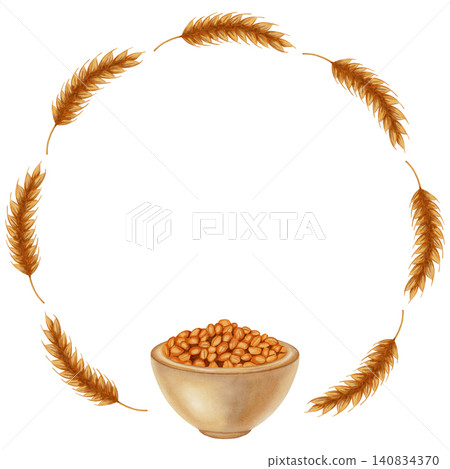 Watercolor illustration of a circular frame depicting a combination of wheat ears and grain. Perfect for bakery branding, menus, food packaging, cookbooks, recipes, harvest themes, and artisan baking Watercolor illustration of a circular frame depicting a combination of wheat ears and grain. Perfect for bakery branding, menus, food packaging, cookbooks, recipes, harvest themes, and artisan baking 140834370