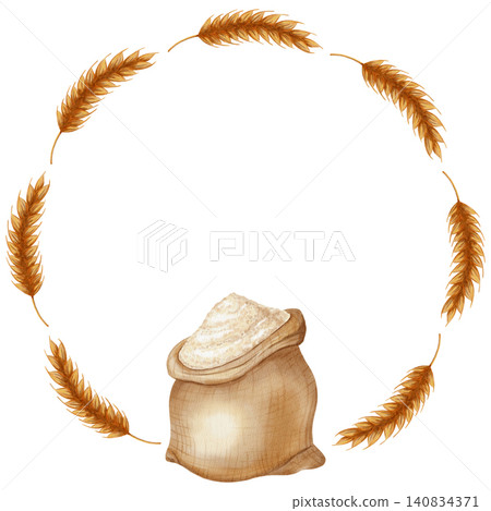 Watercolor illustration of a circular frame depicting a combination of wheat ears and flour. Perfect for bakery branding, menus, food packaging, cookbooks, recipes, harvest themes, and artisan baking Watercolor illustration of a circular frame depicting a combination of wheat ears and flour. Perfect for bakery branding, menus, food packaging, cookbooks, recipes, harvest themes, and artisan baking 140834371
