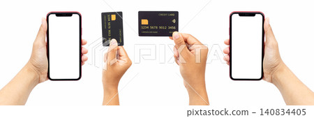 Hands hold phone, card, and another phone. Neutral expressions show calm, focused gestures. Perfect for ecommerce, finance, or mobile payments Hands hold phone, card, and another phone. Neutral expressions show calm, focused gestures. Perfect for ecommerce, finance, or mobile payments 140834405