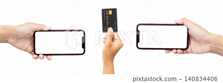 Hands hold phone, card, and another phone. Neutral expressions show calm, focused gestures. Perfect for ecommerce, finance, or mobile payments Hands hold phone, card, and another phone. Neutral expressions show calm, focused gestures. Perfect for ecommerce, finance, or mobile payments 140834406