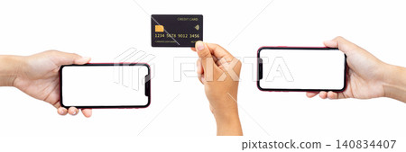 Hands hold phone, card, and another phone. Neutral expressions show calm, focused gestures. Perfect for ecommerce, finance, or mobile payments Hands hold phone, card, and another phone. Neutral expressions show calm, focused gestures. Perfect for ecommerce, finance, or mobile payments 140834407
