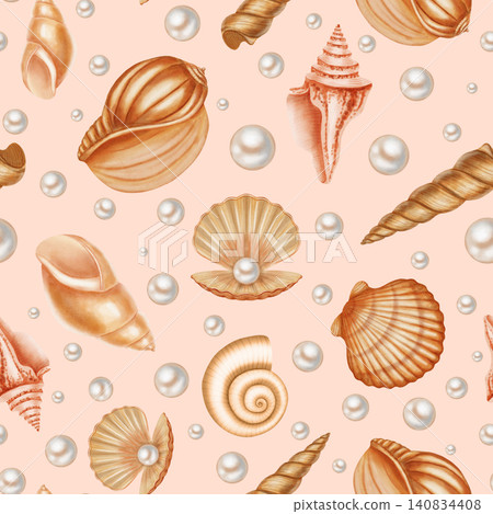 Seamless watercolor pattern featuring various sea shells, spiraled conchs, and elegant white pearls. Children's, nautical, travel themes. Suitable for design, prints, postcards, sea travel  140834408