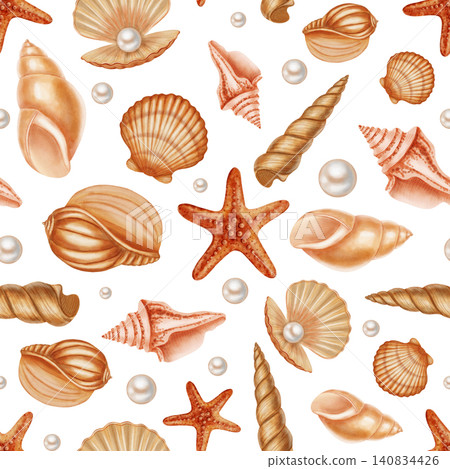 Seamless watercolor pattern featuring various sea shells, spiraled conchs, and elegant white pearls. Children's, nautical, travel themes. Suitable for design, prints, postcards, sea travel Seamless watercolor pattern featuring various sea shells, spiraled conchs, and elegant white pearls. Children's, nautical, travel themes. Suitable for design, prints, postcards, sea travel 140834426